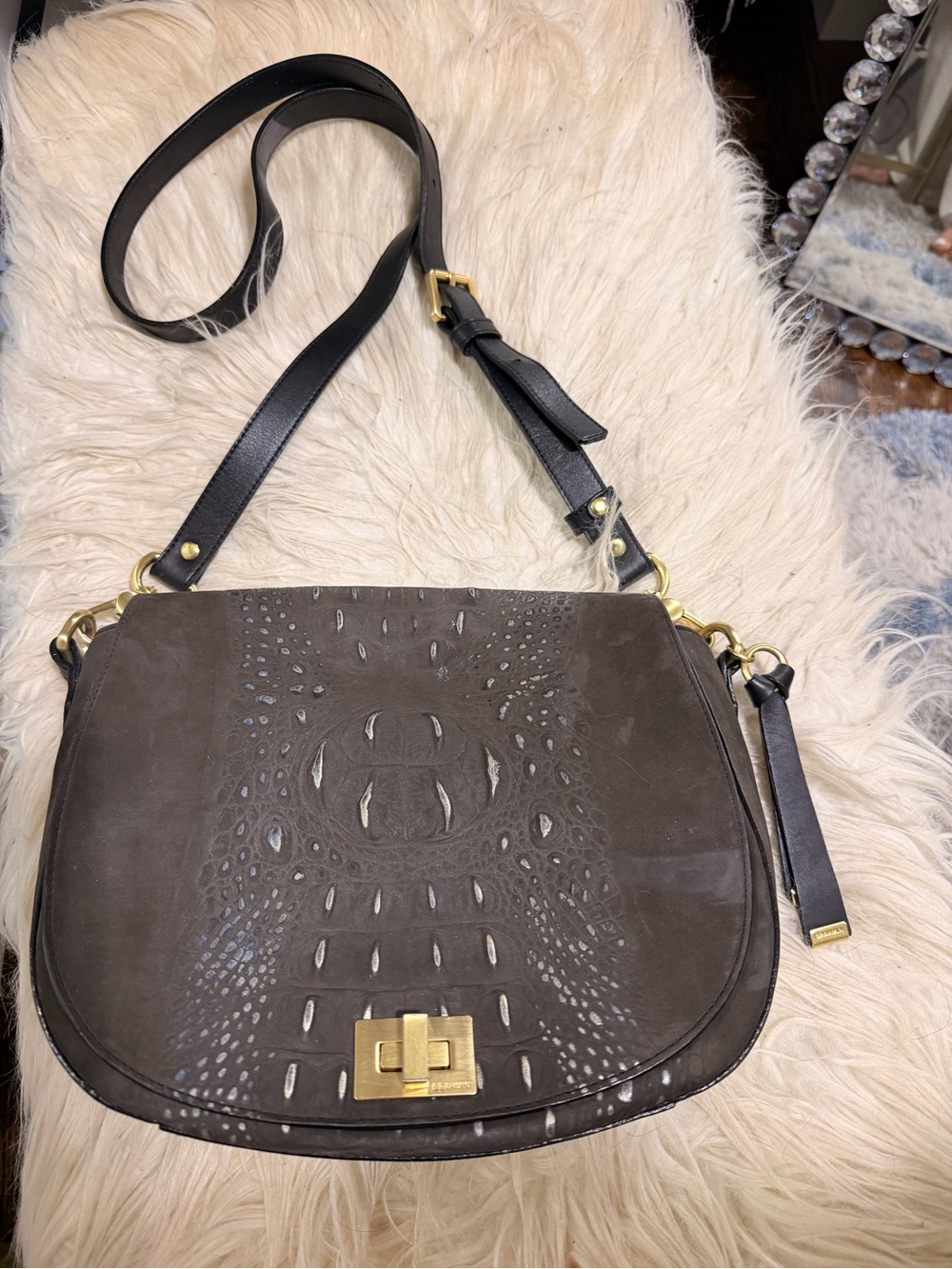 Brahmin Dark Brown Suede Crossbody with Black Strap and Gold Hardware